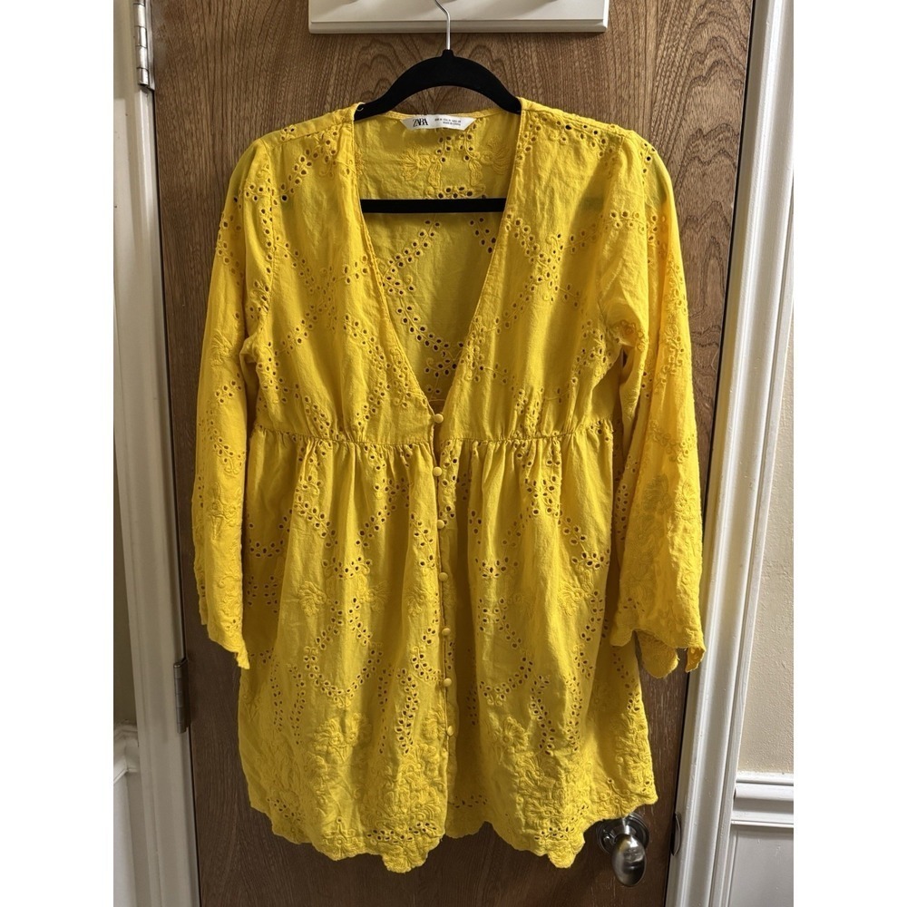 Zara Women's Button Eyelet Floral Mini Dress Or Long Top Size M Yellow Flutter